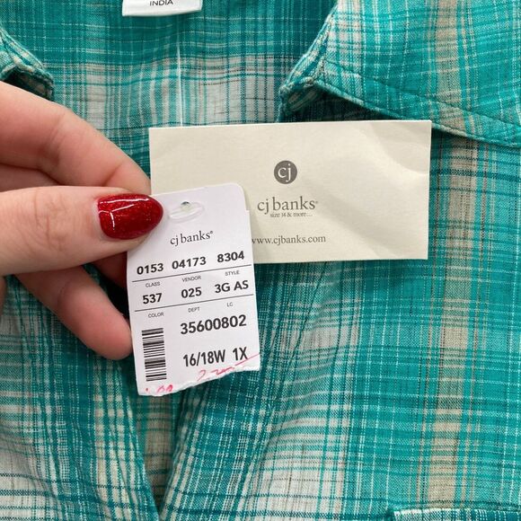 CJ Banks Women's 1X Button Up Short Sleeve Shirt Green Plaid Pockets Country - Picture 6 of 14